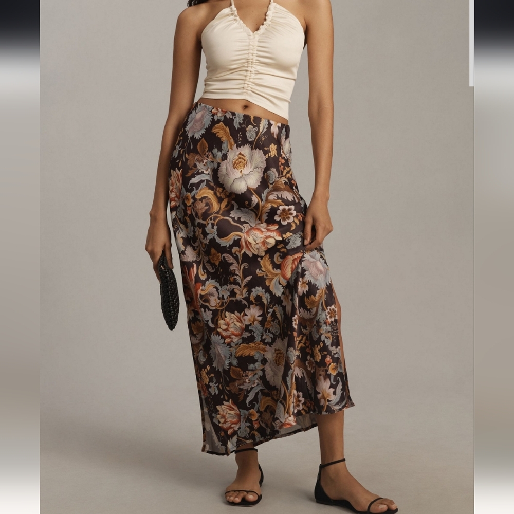 Anthropologie Floral Tilda Maxi Skirt in Brown and Orange